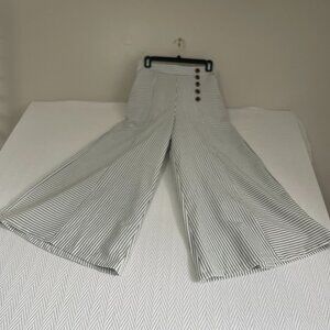 Summer Women's Nautical Wide Leg Trousers, White with Black Stripes - Medium